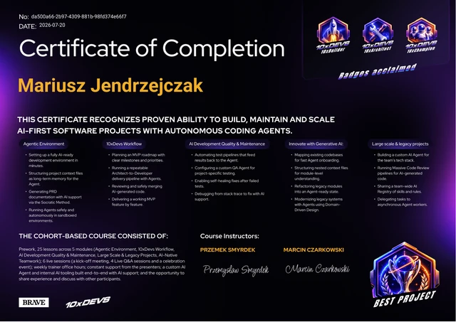 Certyfikat ukończenia kursu 10xDevs